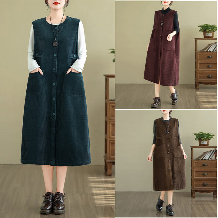 Buddha Stones Pure Colo Buttons Sleeveless Midi Dress With Pockets - image 6
