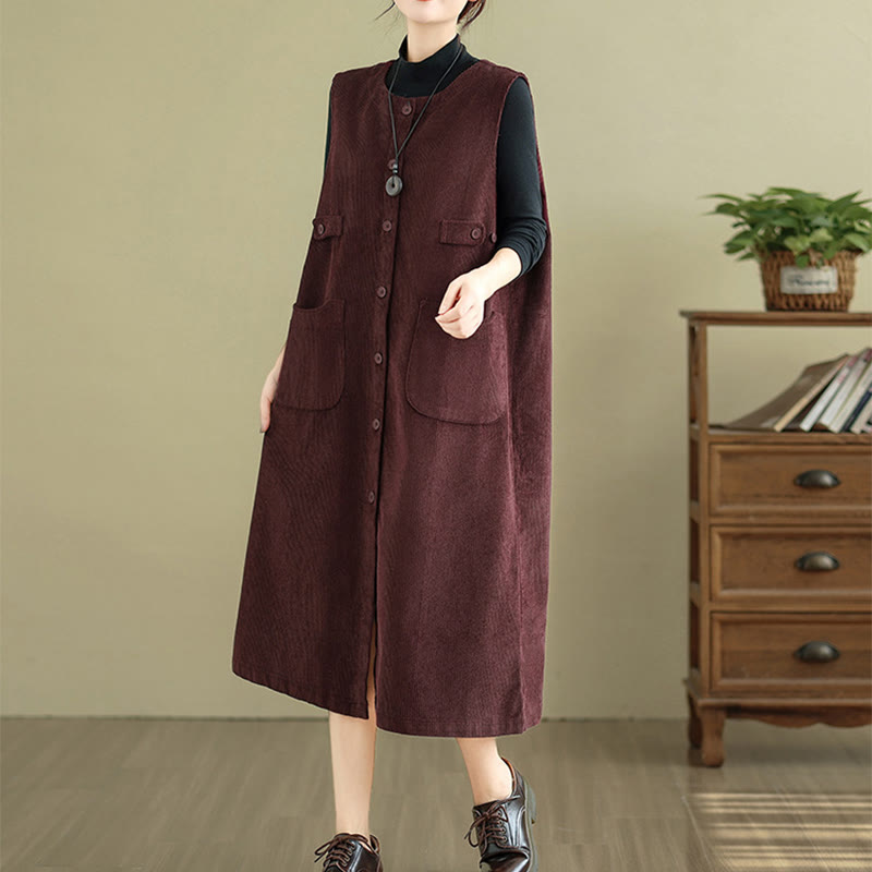 Buddha Stones Pure Colo Buttons Sleeveless Midi Dress With Pockets - image 8