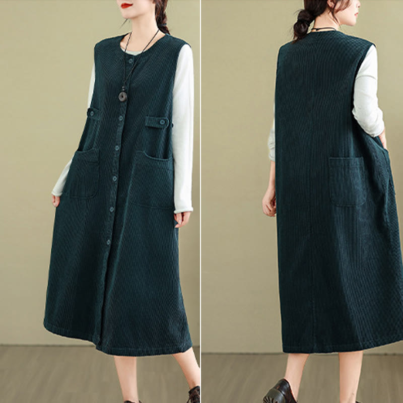 Buddha Stones Pure Colo Buttons Sleeveless Midi Dress With Pockets - image 11