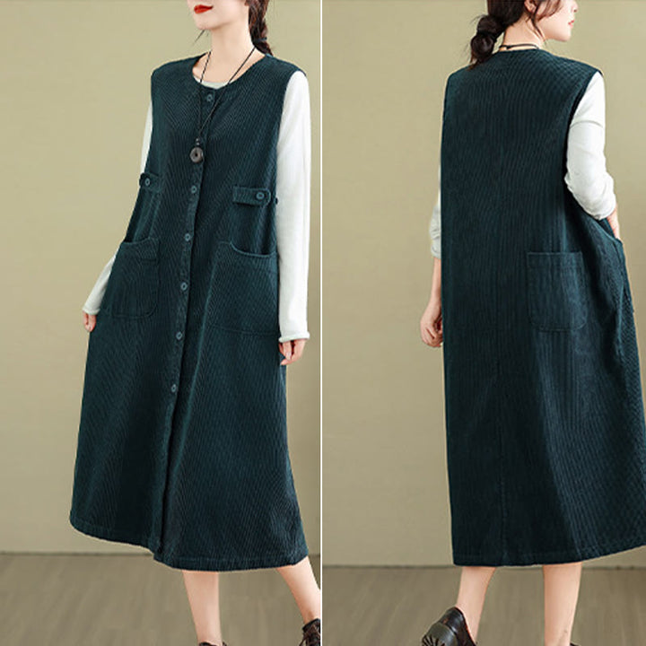 Buddha Stones Pure Colo Buttons Sleeveless Midi Dress With Pockets - image 11
