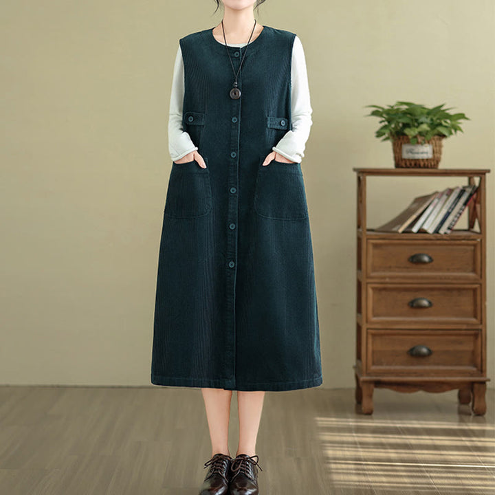 Buddha Stones Pure Colo Buttons Sleeveless Midi Dress With Pockets - image 9