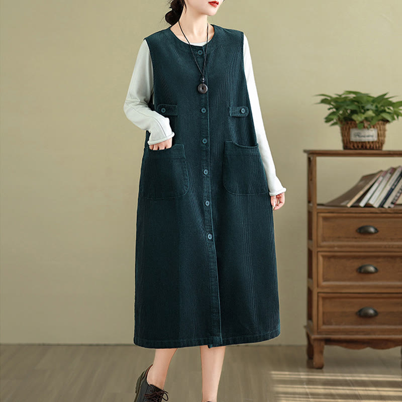 Buddha Stones Pure Colo Buttons Sleeveless Midi Dress With Pockets - image 19