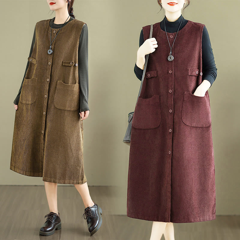 Buddha Stones Pure Colo Buttons Sleeveless Midi Dress With Pockets - image 20