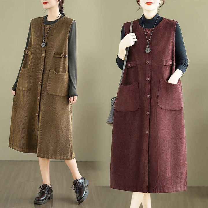 Buddha Stones Pure Colo Buttons Sleeveless Midi Dress With Pockets - image 20