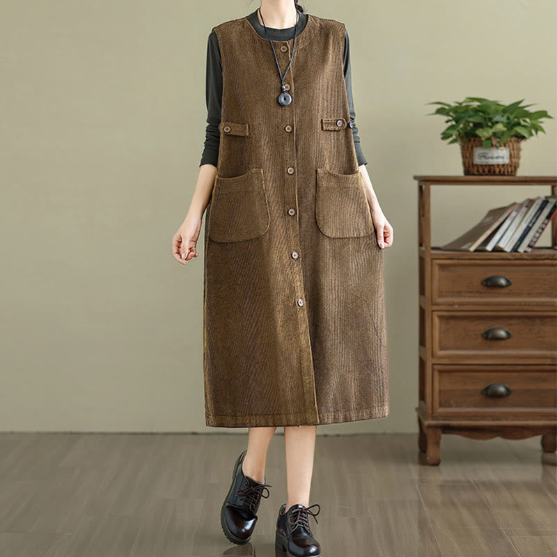 Buddha Stones Pure Colo Buttons Sleeveless Midi Dress With Pockets - image 23