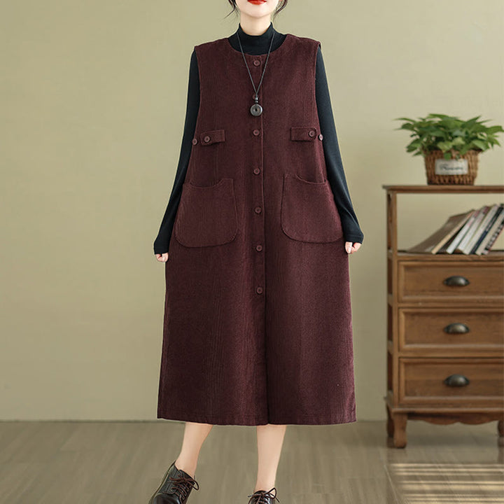 Buddha Stones Pure Colo Buttons Sleeveless Midi Dress With Pockets - image 10