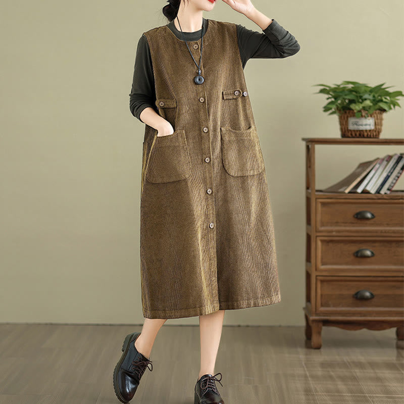 Buddha Stones Pure Colo Buttons Sleeveless Midi Dress With Pockets - image 25