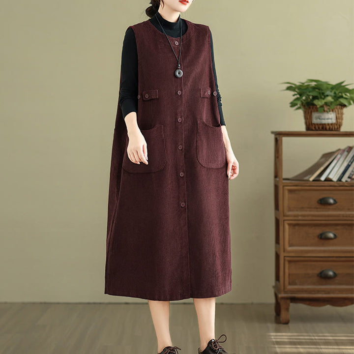 Buddha Stones Pure Colo Buttons Sleeveless Midi Dress With Pockets - image 16