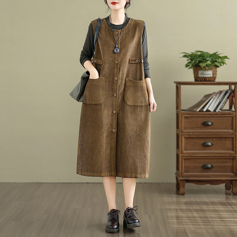 Buddha Stones Pure Colo Buttons Sleeveless Midi Dress With Pockets - image 17