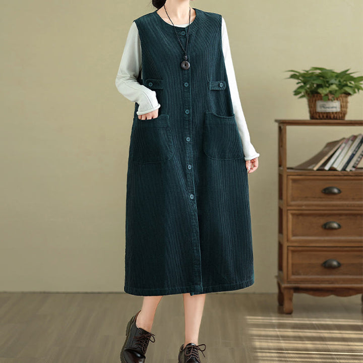 Buddha Stones Pure Colo Buttons Sleeveless Midi Dress With Pockets - image 21