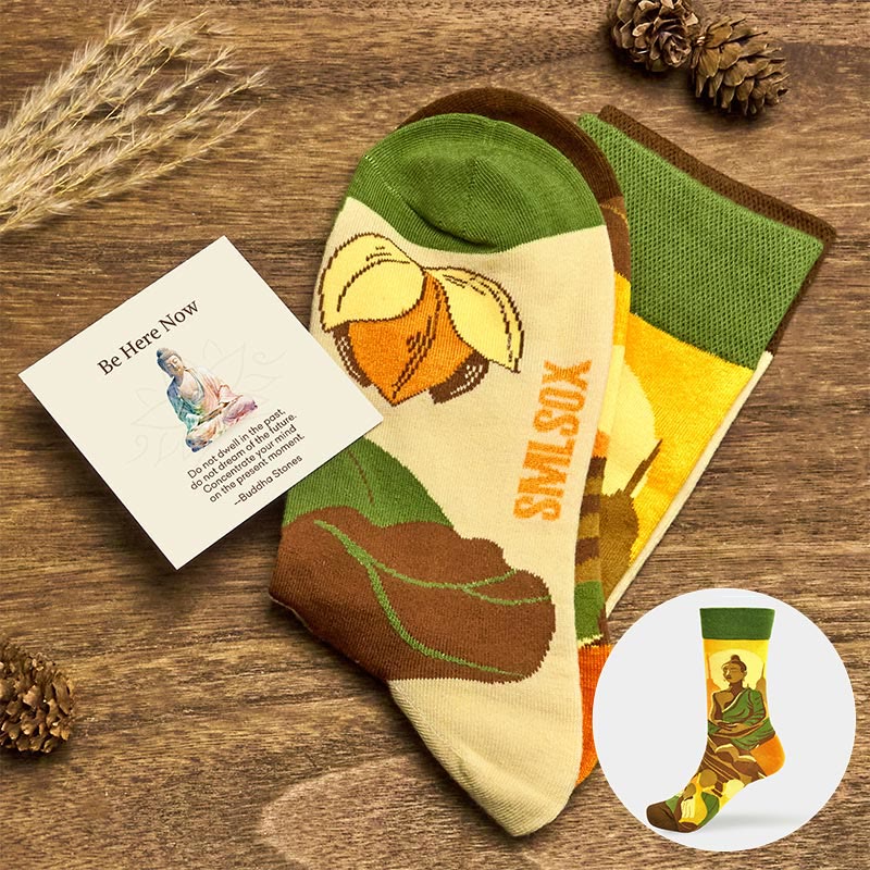 Buddha Stones "Be Here Now" Casual Buddha Lotus Dragonfly Women's Socks Includes Gift Message Card - Beige - S-M (US 5.5-11.5,EU 36–42,UK/AU 3.5-9,Asia 23–26.5 cm) - Standard Gift Box - image 0