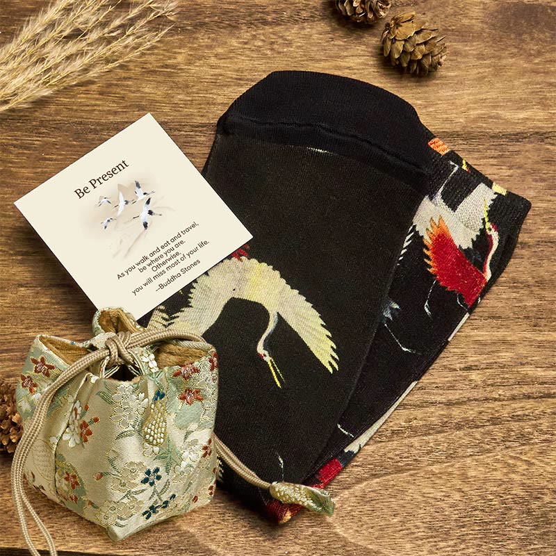 Buddha Stones "Be Present" Casual White Red Cranes Men Women Unisex Socks Includes Gift Message Card - Black - One Size Fits Most (US 5-12,EU 37-45,UK/AU 4.5-11.5,AISA 23.5-28.5cm) - Deluxe Gift Bag (+$12.59) - image 4