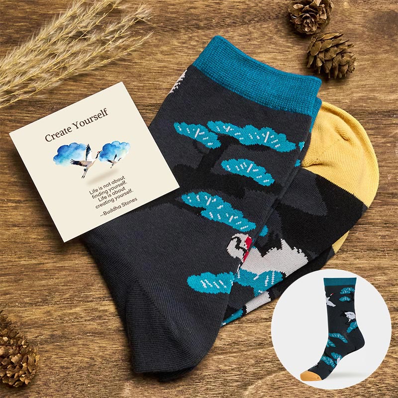 Buddha Stones "Create Yourself" White Crane Pine Tree Women's Socks Includes Gift Message Card - Black - S-M (US 5.5-11.5,EU 36–42,UK/AU 3.5-9,Asia 23–26.5 cm) - Standard Gift Box - image 0