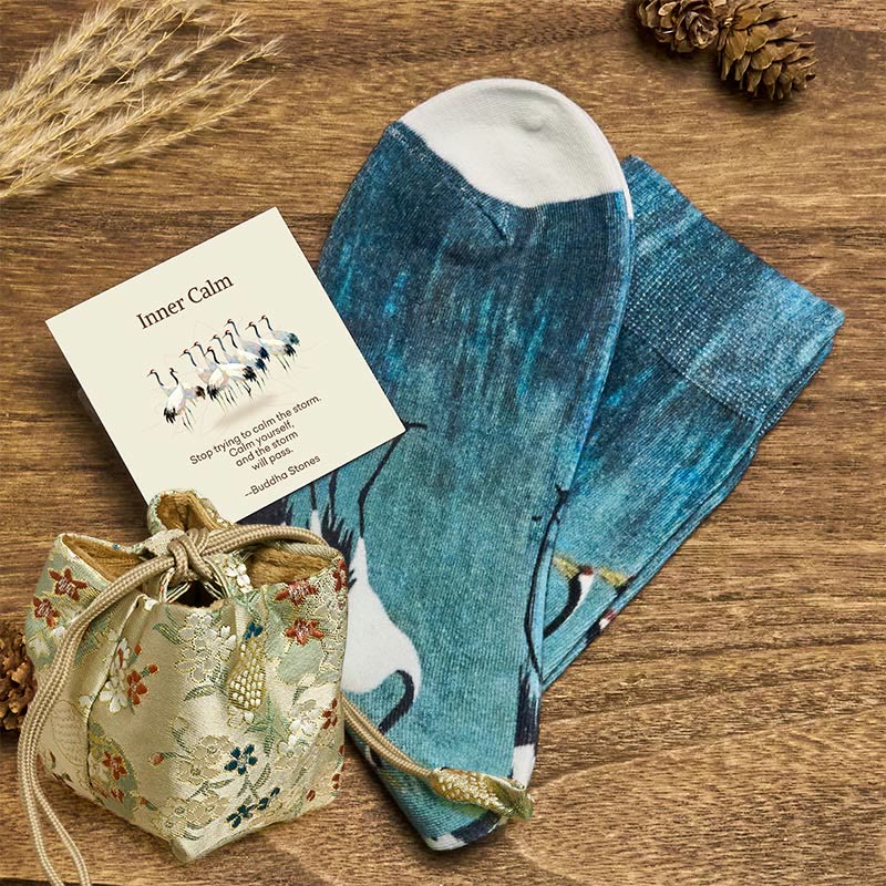 Buddha Stones "Inner Calm" Casual White Crane Micro Crew Women's Socks Includes Gift Message Card - CadetBlue - S (US 4.5-7,EU 35-38,UK/AU 2.5-4.5,AISA 22.5-24.5cm) - Deluxe Gift Bag (+$12.59) - image 1