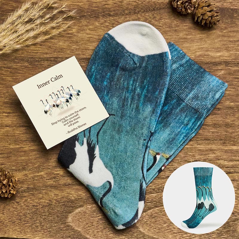 Buddha Stones "Inner Calm" Casual White Crane Micro Crew Women's Socks Includes Gift Message Card - CadetBlue - S (US 4.5-7,EU 35-38,UK/AU 2.5-4.5,AISA 22.5-24.5cm) - Standard Gift Box - image 0