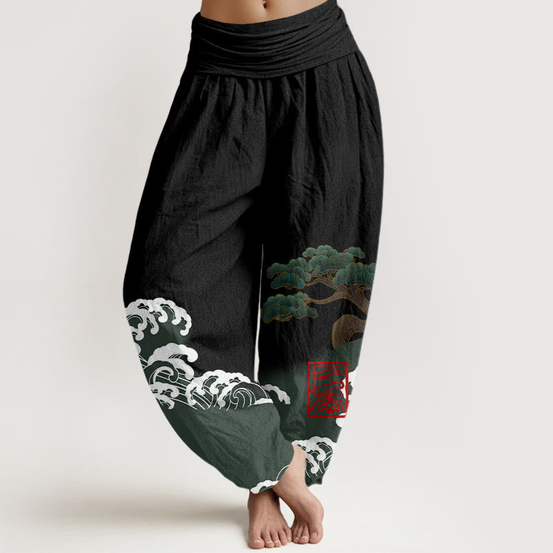 Buddha Stones Print Pure Cotton Pine Tree Rolling Waves Pattern Women's Elastic Waist Harem Pants - Black - US16,UK/AU20,EU48 (3XL) - image 0