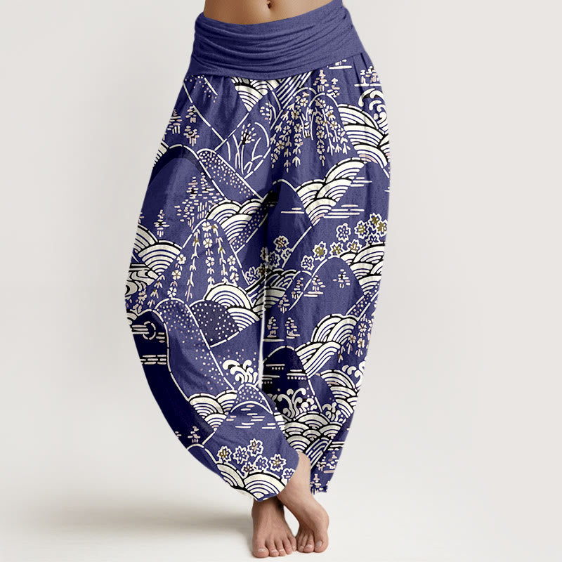 Buddha Stones Printed Mountains Waves Floral Pattern Women's Elastic Waist Harem Pure Cotton Pants - Indigo - US16,UK/AU20,EU48 (3XL) - image 5
