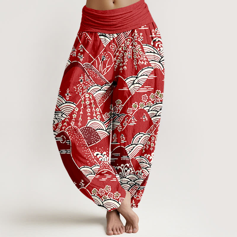 Buddha Stones Printed Mountains Waves Floral Pattern Women's Elastic Waist Harem Pure Cotton Pants - Crimson - US16,UK/AU20,EU48 (3XL) - image 8