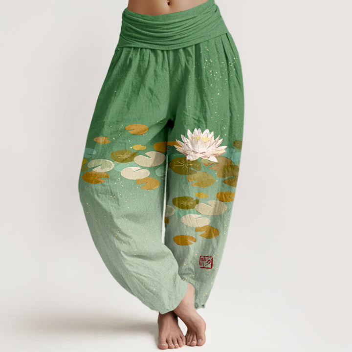 Buddha Stones Printed White Lotus Leaves Pattern Women's Elastic Waist Harem Pure Cotton Pants - MediumSeaGreen - US16,UK/AU20,EU48 (3XL) - image 0