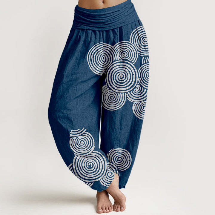 Buddha Stones Printed White Spiral Pattern Women's Elastic Waist Harem Pure Cotton Pants - SteelBlue - US16,UK/AU20,EU48 (3XL) - image 0