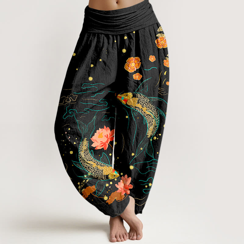 Buddha Stones Koi Fish Lotus Pattern Women's Elastic Waist Harem Pure Cotton Printed Pants - Black - US16,UK/AU20,EU48 (3XL) - image 0