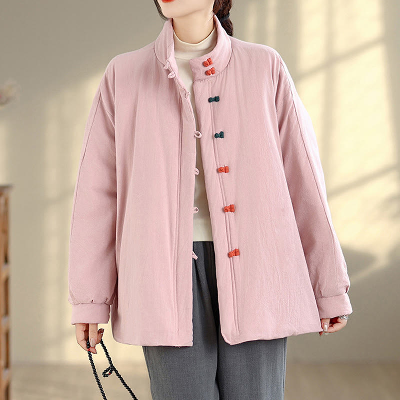 Buddha Stones Women's Winter Chinese Frog-Button Long Sleeve Cotton Thicken Jacket With Pockets - Pink - US14,UK/AU18,EU46 (2XL) - image 0