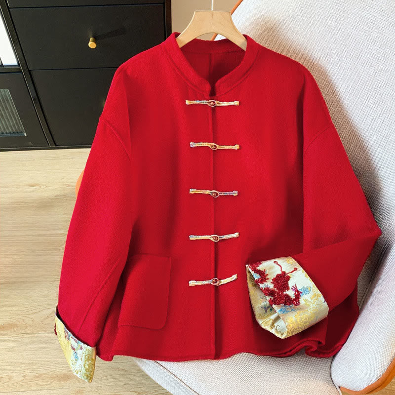 Buddha Stones Winter Embroidery Buttons Design Long Sleeve Women's Cotton Jacket With Pockets - Crimson - US6,UK/AU10,EU38 (XL) - image 0