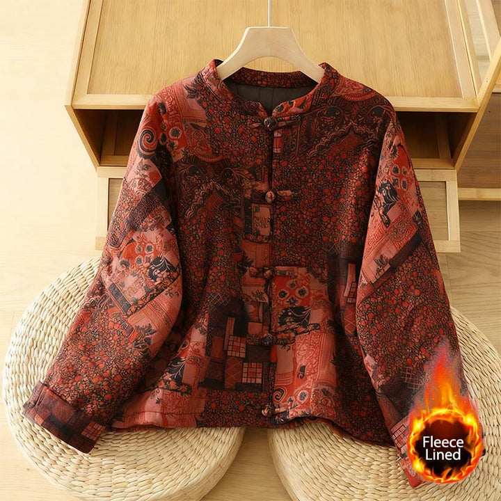 Buddha Stones Women's Ethnic Floral Long Sleeve Frog-buttons Cotton Thermal Jacket - FireBrick - US12,UK/AU16,EU44 (XL) - image 0