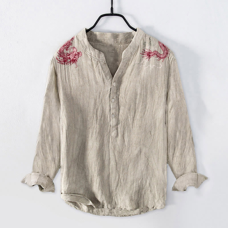 Buddha Stones Red Dragon Pattern Half Buttons Men's Cotton Linen Long Sleeve Shirt - Linen - US/UK/AU50,EU60 (5XL) - image 6