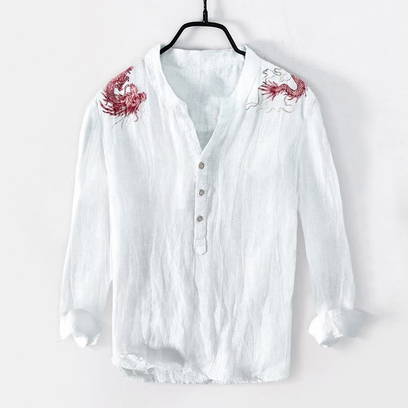 Buddha Stones Red Dragon Pattern Half Buttons Men's Cotton Linen Long Sleeve Shirt - White - US/UK/AU50,EU60 (5XL) - image 3