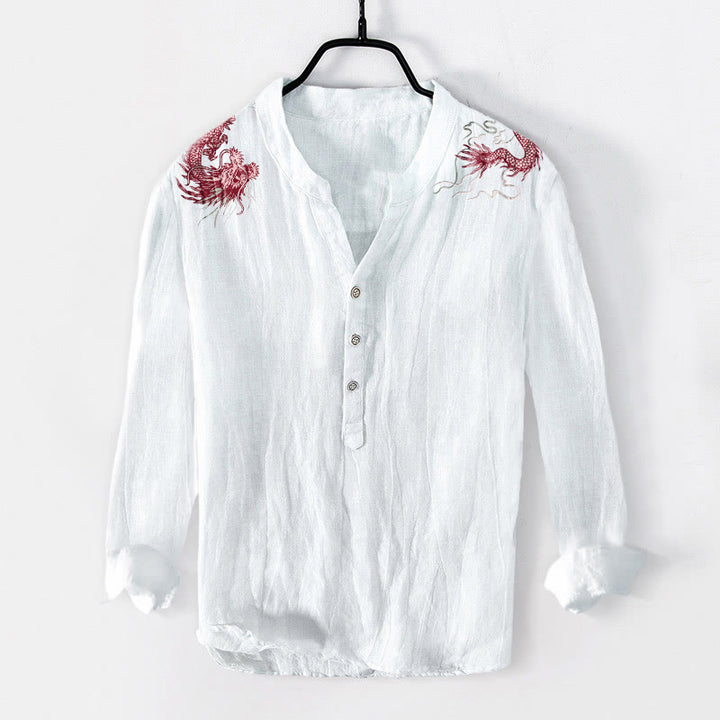 Buddha Stones Red Dragon Pattern Half Buttons Men's Cotton Linen Long Sleeve Shirt - White - US/UK/AU50,EU60 (5XL) - image 3
