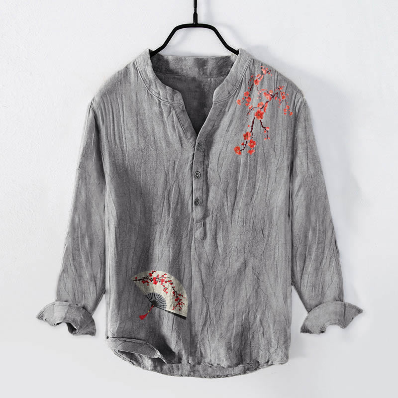 Buddha Stones Plum Blossoms Folding Fan Pattern Half Buttons Men's Cotton Linen Long Sleeve Shirt - Gray - US/UK/AU50,EU60 (5XL) - image 3