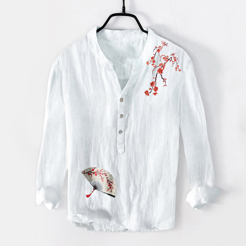 Buddha Stones Plum Blossoms Folding Fan Pattern Half Buttons Men's Cotton Linen Long Sleeve Shirt - White - US/UK/AU50,EU60 (5XL) - image 6