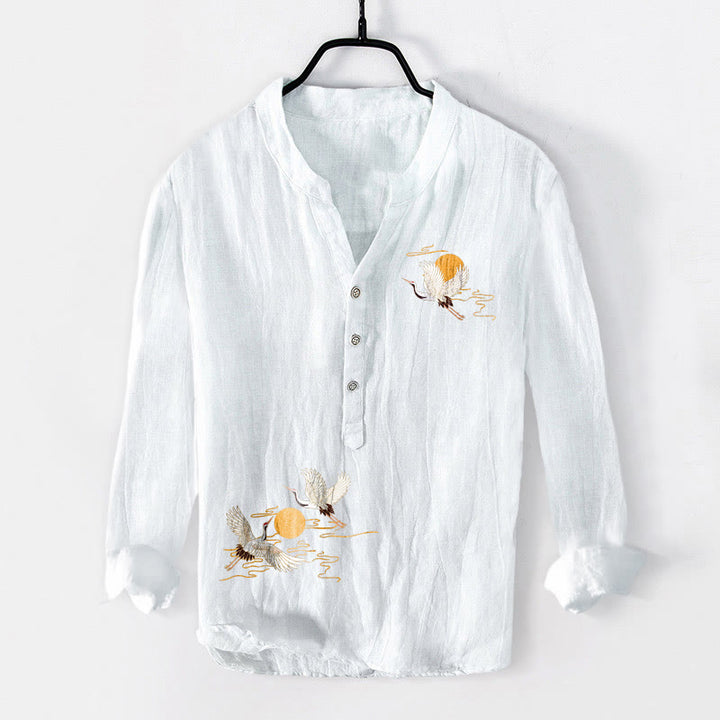 Buddha Stones Golden Sun Crane Pattern Half Buttons Men's Cotton Linen Long Sleeve Shirt - White - US/UK/AU50,EU60 (5XL) - image 3