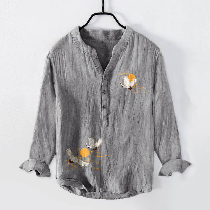 Buddha Stones Golden Sun Crane Pattern Half Buttons Men's Cotton Linen Long Sleeve Shirt - Gray - US/UK/AU50,EU60 (5XL) - image 0
