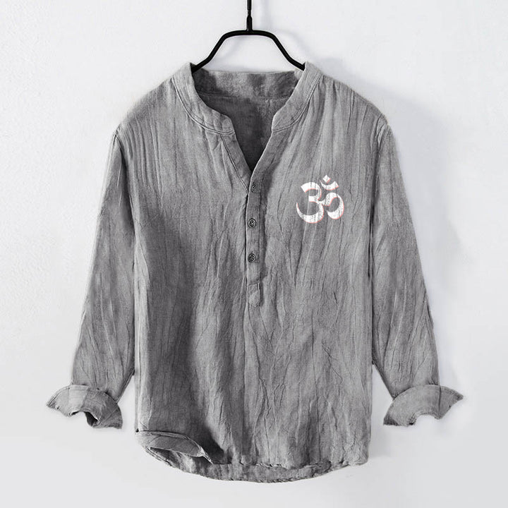 Buddha Stones "Namaste I Honor the You" Om Pattern Half Buttons Men's Cotton Linen Long Sleeve Shirt - image 7