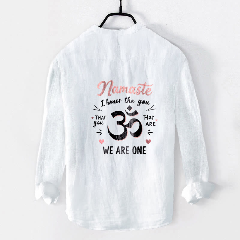 Buddha Stones "Namaste I Honor the You" Om Pattern Half Buttons Men's Cotton Linen Long Sleeve Shirt - image 2