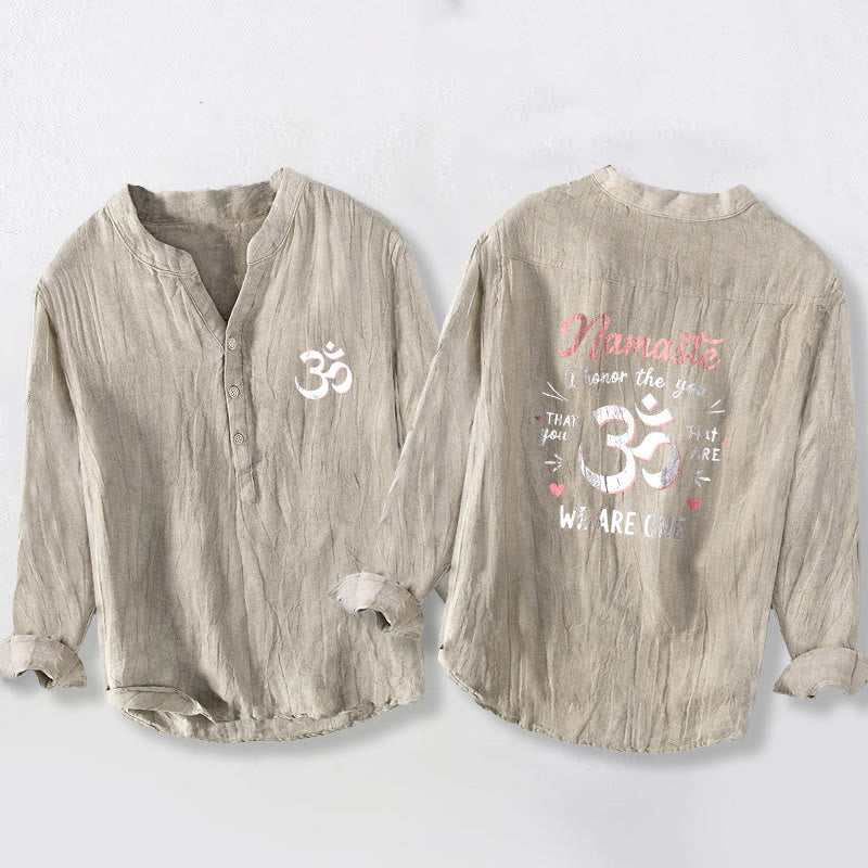 Buddha Stones "Namaste I Honor the You" Om Pattern Half Buttons Men's Cotton Linen Long Sleeve Shirt - Linen - US/UK/AU50,EU60 (5XL) - image 3