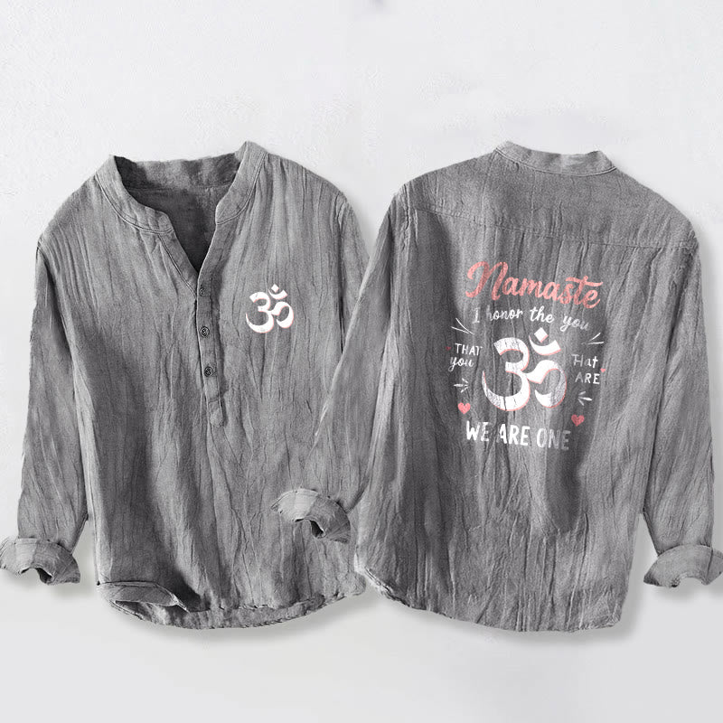 Buddha Stones "Namaste I Honor the You" Om Pattern Half Buttons Men's Cotton Linen Long Sleeve Shirt - Gray - US/UK/AU50,EU60 (5XL) - image 6