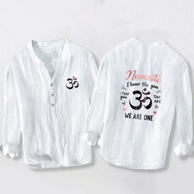 Buddha Stones "Namaste I Honor the You" Om Pattern Half Buttons Men's Cotton Linen Long Sleeve Shirt - White - US/UK/AU50,EU60 (5XL) - image 0