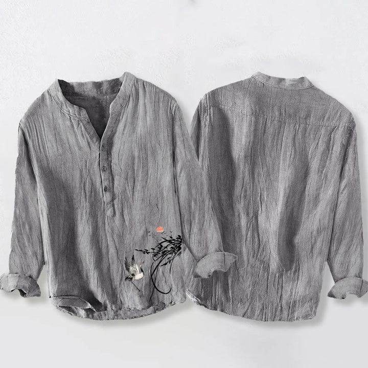 Buddha Stones Rising Sun Crane Branches Pattern Half Buttons Men's Cotton Linen Long Sleeve Shirt - image 5