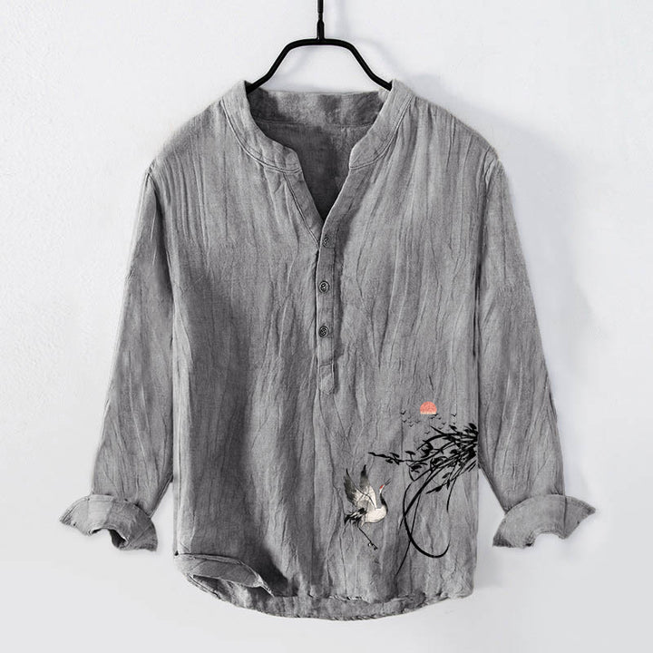 Buddha Stones Rising Sun Crane Branches Pattern Half Buttons Men's Cotton Linen Long Sleeve Shirt - Gray - US/UK/AU50,EU60 (5XL) - image 3