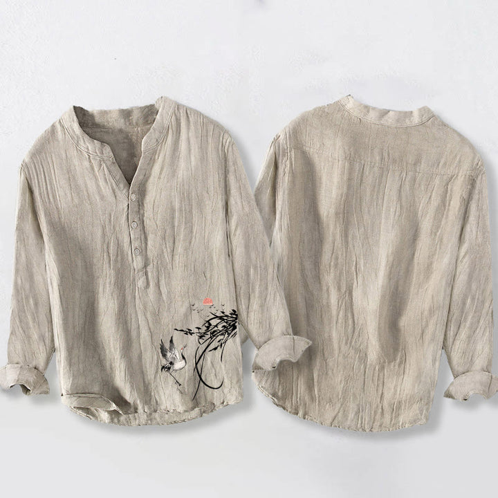 Buddha Stones Rising Sun Crane Branches Pattern Half Buttons Men's Cotton Linen Long Sleeve Shirt - image 2