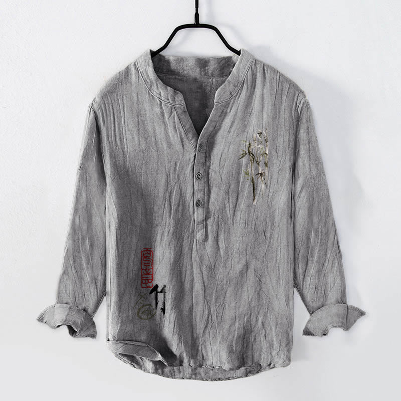Buddha Stones Red Seal Bamboo Leaves Pattern Half Buttons Men's Cotton Linen Long Sleeve Shirt - Gray - US/UK/AU50,EU60 (5XL) - image 3