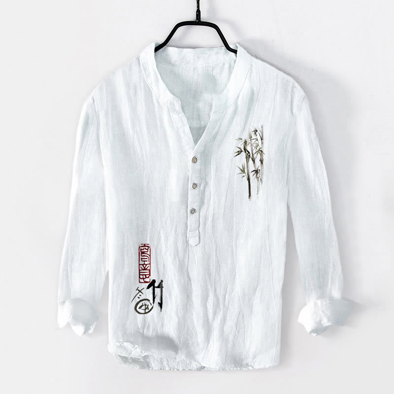 Buddha Stones Red Seal Bamboo Leaves Pattern Half Buttons Men's Cotton Linen Long Sleeve Shirt - White - US/UK/AU50,EU60 (5XL) - image 6