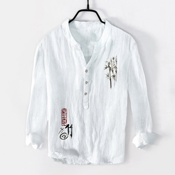 Buddha Stones Red Seal Bamboo Leaves Pattern Half Buttons Men's Cotton Linen Long Sleeve Shirt - White - US/UK/AU50,EU60 (5XL) - image 6