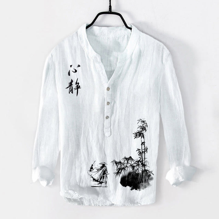 Buddha Stones Bamboo Chinese Character Swordsman Pattern Half Buttons Men's Cotton Linen Long Sleeve Shirt - White - US/UK/AU50,EU60 (5XL) - image 6