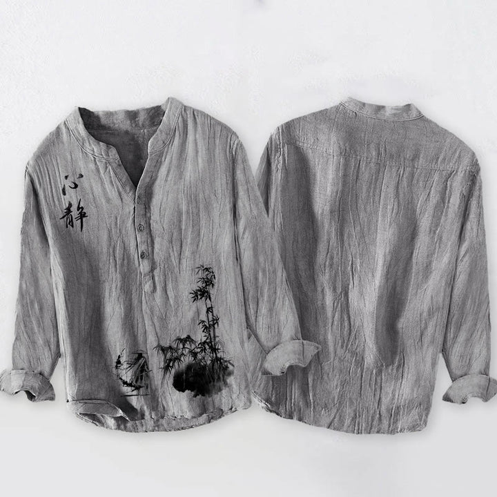 Buddha Stones Bamboo Chinese Character Swordsman Pattern Half Buttons Men's Cotton Linen Long Sleeve Shirt - image 5