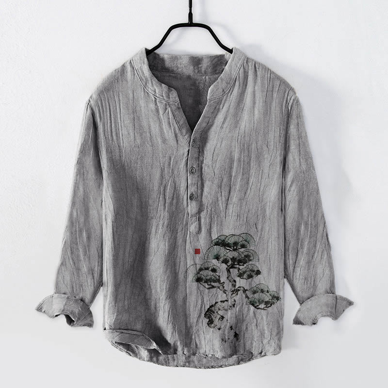 Buddha Stones Pine Tree Pattern Half Buttons Men's Cotton Linen Long Sleeve Shirt - Gray - US/UK/AU50,EU60 (5XL) - image 3