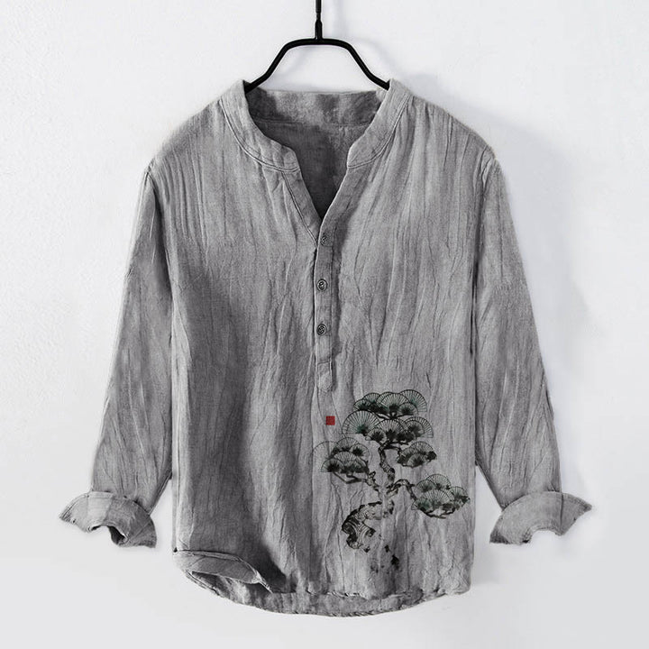Buddha Stones Pine Tree Pattern Half Buttons Men's Cotton Linen Long Sleeve Shirt - Gray - US/UK/AU50,EU60 (5XL) - image 3